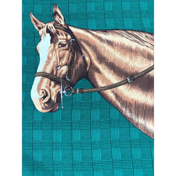 Vintage Horse Print Silk Scarf With Plaid & Leather-Like Bridle Design 34in Squa - Picture 2 of 5
